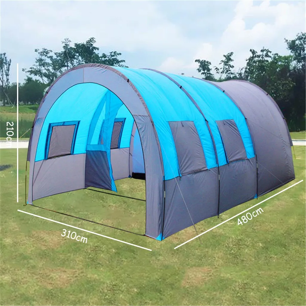 

Double Waterproof Tunnel Tent Camping Travel Hiking Large Tent One Room Two Hall Multi-Person Tent, Blue