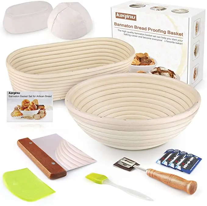 

High Quality 9 inch Round Oval Baking Bread Proofing Basket Set with Linen Liner Cloth Dough Scraper Lame, White