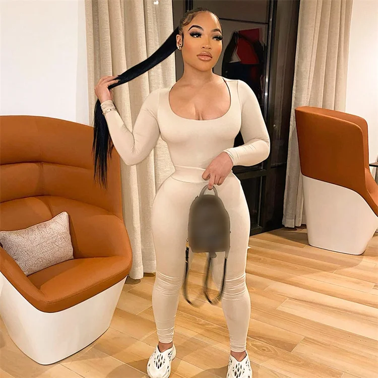 

2021 new solid color low-cut jumpsuit round neck jumpsuit women's high waist trousers suit, Customized color