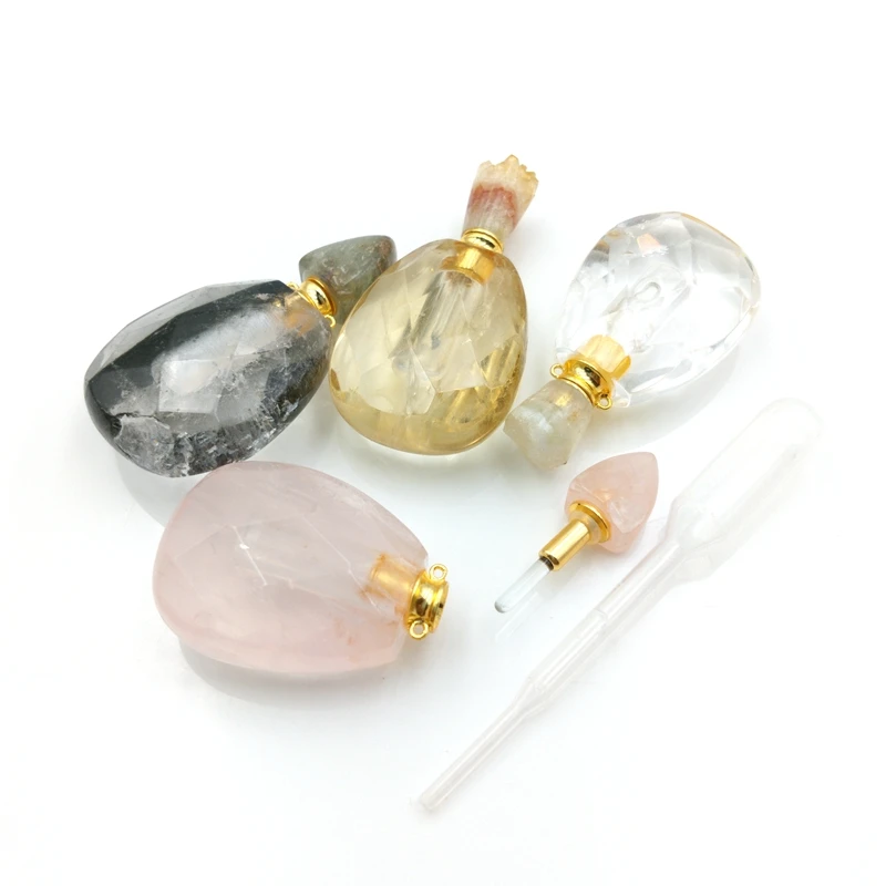 

Natural crystal Quartz Perfume Bottle Pendants teardrop citrines Geode Druzy Caps Essential Oils Diffuser Healing Chakra vial, Multi