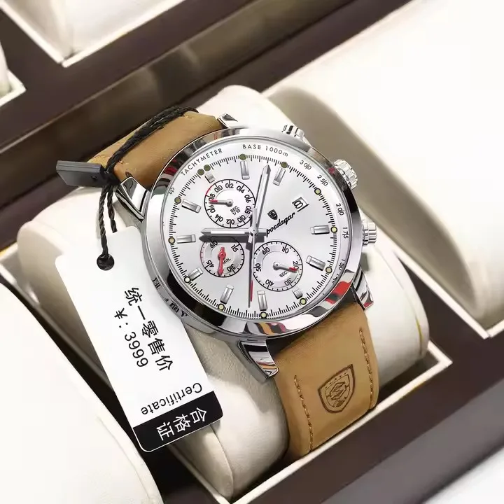 POEDAGAR 932 Men's Watches Casual Fashion Quartz Watch for Man Waterproof Leather Luminous Date Chronograph New