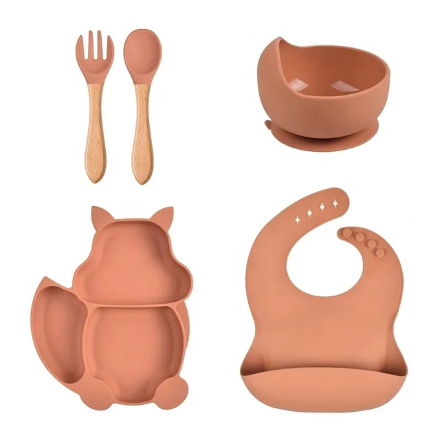

Eco Friendly 5 Pieces Silicone Baby Weaning Set In Stock Squirrel Silicone Plate Bowl Bib Spoon Fork Feeding Set