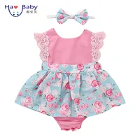 

Hao Baby Girls Pink Flying Sleeves Rose Pink Skirt Clothing Headscarf Clothing Cute Baby Romper