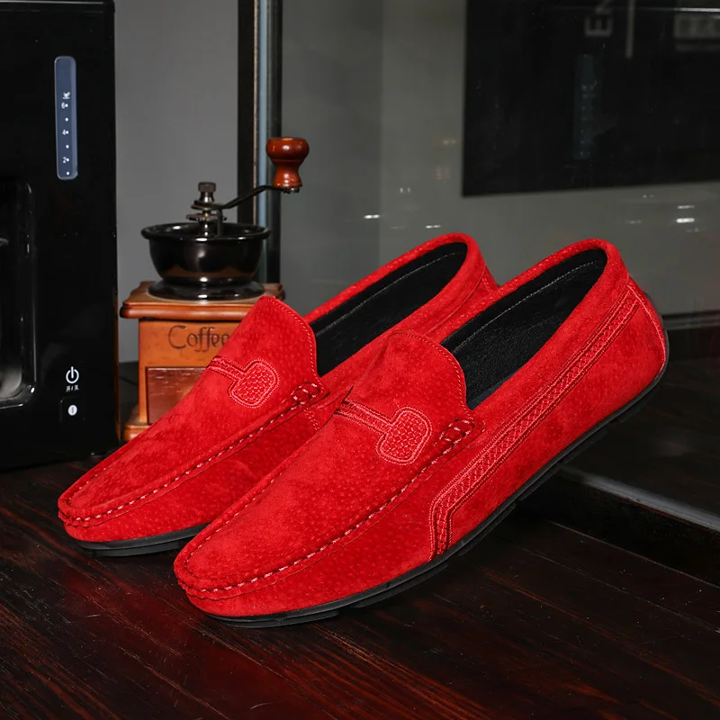 

Men Casual Suede Leather Loafers Red Solid Leather Driving Moccasins Slip on Men Shoes Big Size, As picture