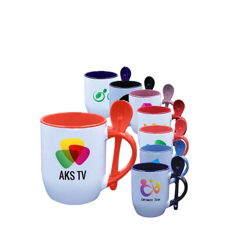 

Sublimation blanks ceramic mug spoon porcelain set unique coffee mugs and tea cups sublimation mugs with spoon, 12color customized