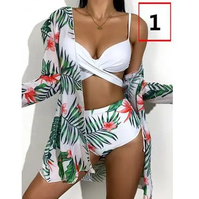 

JSNA070 2022 New trending mesh three piece swimsuit women high waist print push up Bikini set