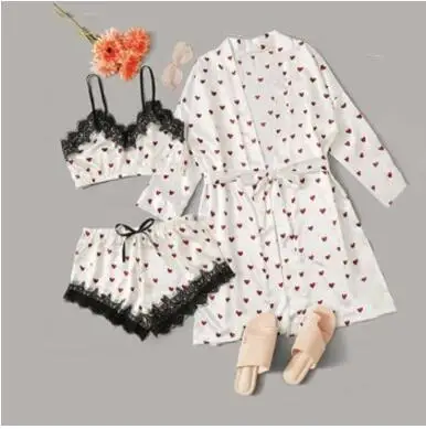 

Sfy1104 top selling three pieces satin robe set lace strap bra with honey heart printing sexy pajamas set