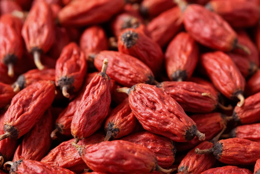 Close-up of dried red Sichuan pepper berries showing characteristic wrinkled husks and black seeds