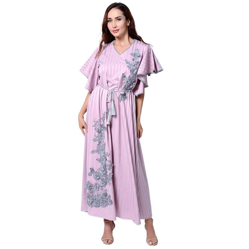 

Muslim Ruffle Sleeve Embroidery Beaded Stereo Flower Dress Islamic Clothing