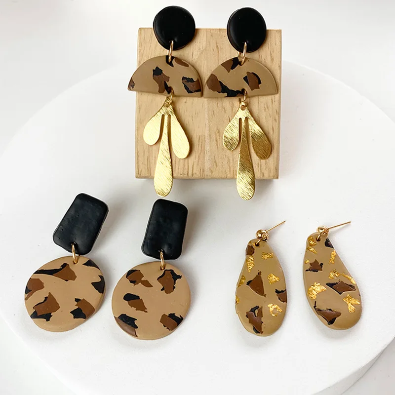 

2022 Trend Women Handmade Newest Geometric Leopard Gold Foil Drop Polymer Clay Earrings