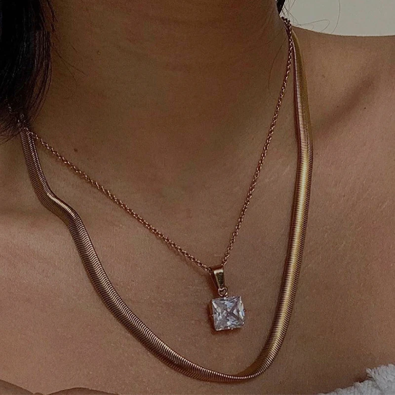

2021 Stainless Steel Tarnish Free Gold Plated Square Diamond Birthstone Necklace Minimalist Jewelry