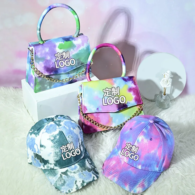 

Custom purses handbags baseball hat set with logo tie dye bucket hat and tie-dye handbags for handbags 2021 trend women