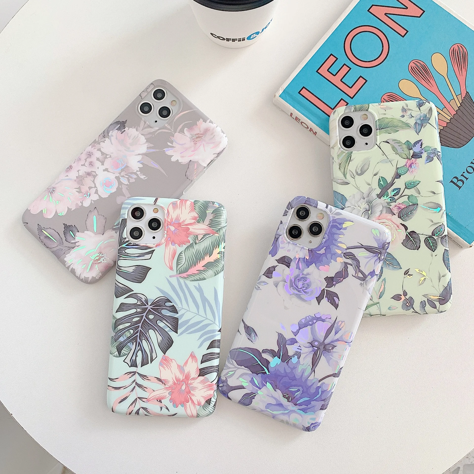 

Case For iPhone 12 Pro Max New Luxury Holographic Flower Laser Plating Banana Leaf Tpu Phone Protector For iPhone 11, As pictures & accept customized