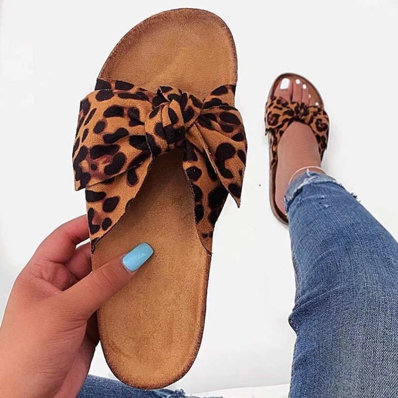 

fashionable women cheetah sandals Colorful bow flat Casual leopard women's sandals, As the picture