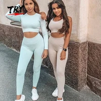 

Women Seamless Long Sleeve Yoga Gym Crop Top Thumb Hole Fitted Sportswear Activewear Outfits 2 pieces