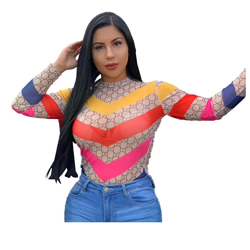 

High Quality Womens Clothing Color Matching Round Neck Mesh Grecia Top