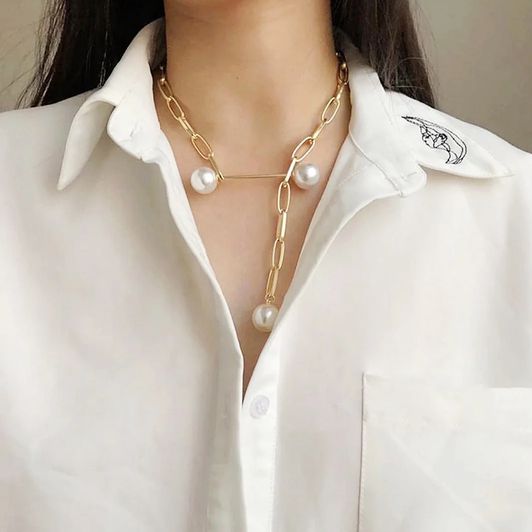 

Jewelry custom wide chain necklace hiphop chain silver/gold pink pearl pendant necklace for women