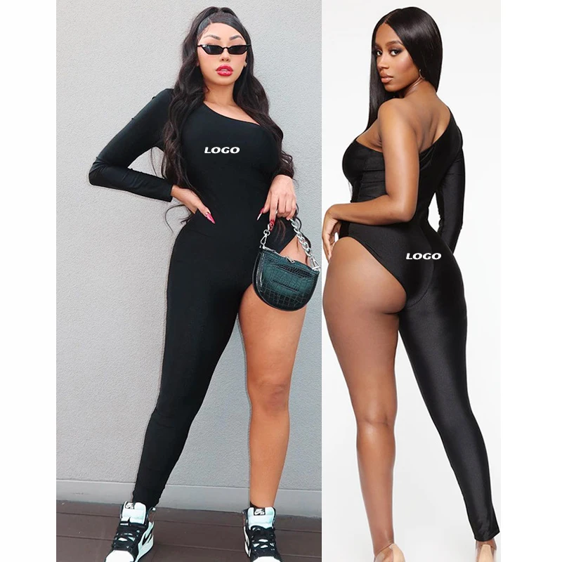 

Free Shipping Top fashion ladies long sleeve one piece bodycon jumpsuit black one shoulder jumpsuit women one legging, Customized color