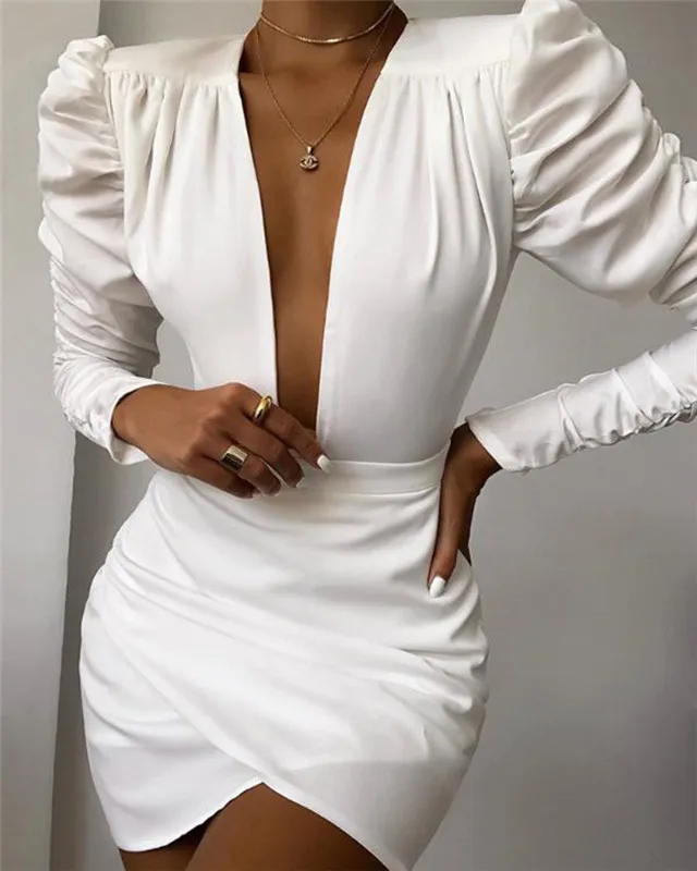 

2021 Spring New Arrival Solid Color Long-sleeved Deep V-neck Slim Dress, Picture color