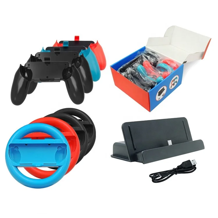 

For Nintendo Switch Game Accessories Set 10 in 1 Bundle Grip Handle Steering Wheel and Charging Stand.