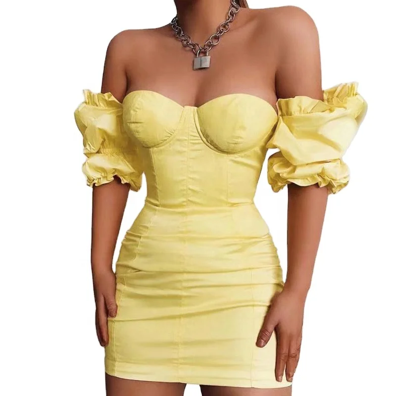 

2020 Latest Design Summer Women Sexy MIni Bishop Sleeve Bodycon Dress, Yellow