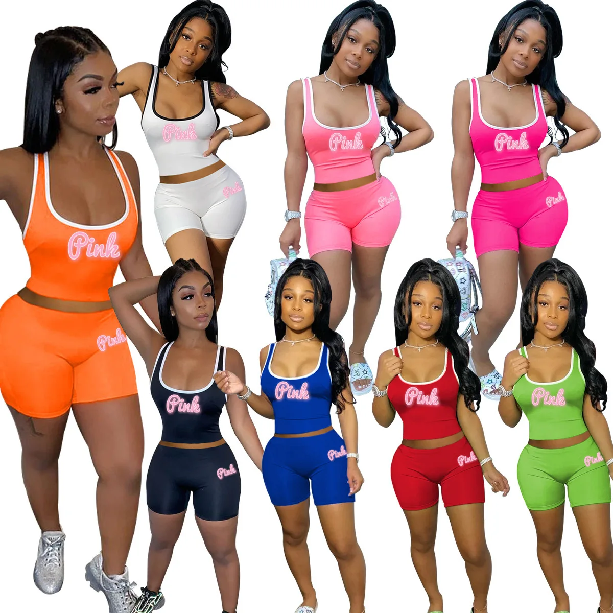 

CTS1438 summer sports casual crop top 2 piece women set women pink sets women two piece set, Picture color