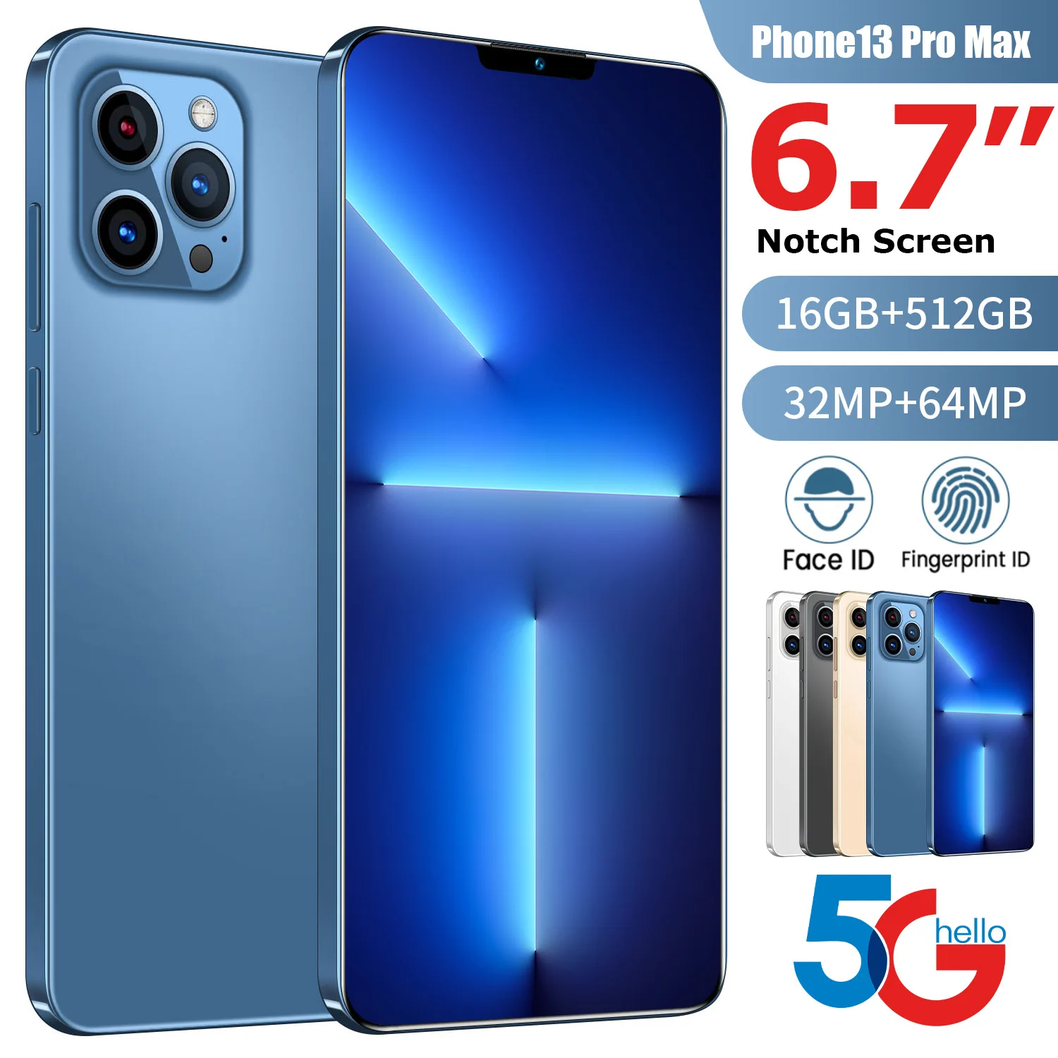 

i13 Pro Max + 6.7 inch 16GB + 512GB Android smartphone 10 core 5G LET phone 3 camera face ID Unlocked version mobile phone, Black. blue. gold.white