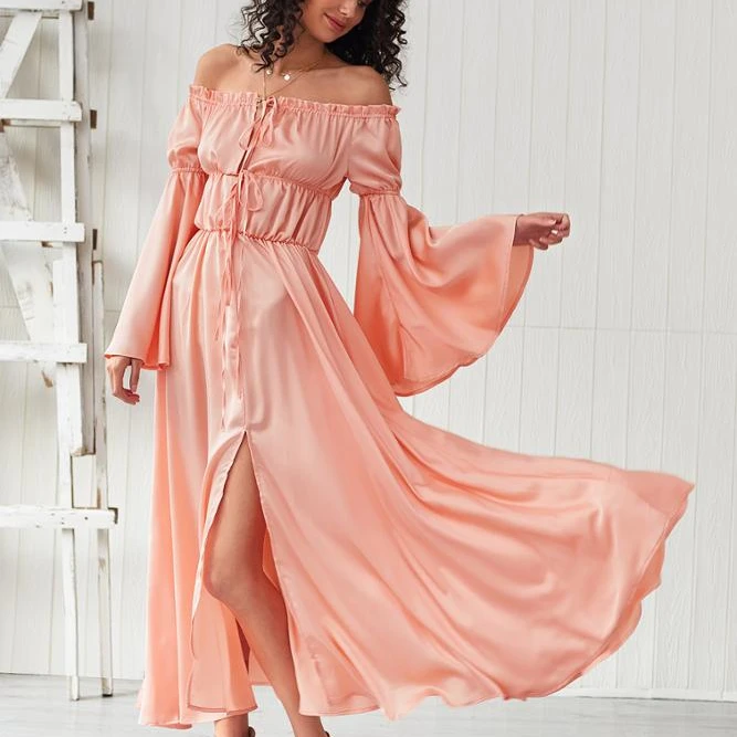 

2020 new arrivals summer collection off shoulder bohemian style flare sleeve women long casual dresses