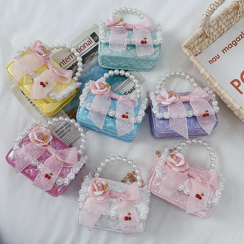 

Hot Selling Pearl Small Crossbody Bag Cute Bow Accessories Little Girl Mini Shoulder Chain Bag For Children, 7 colors