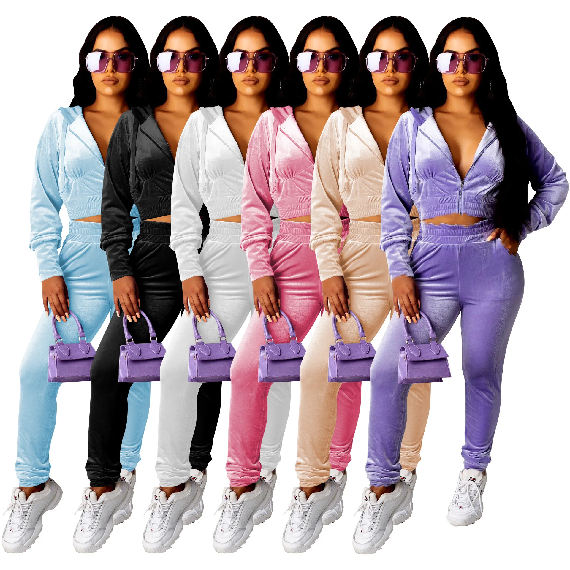 

Wholesale Autumn Winter Velvet Women's Set Zipper Hoodies Tops Straight Pants Set Tracksuit Two Piece Outfit casual clothing, Black pink light-blue purple beige