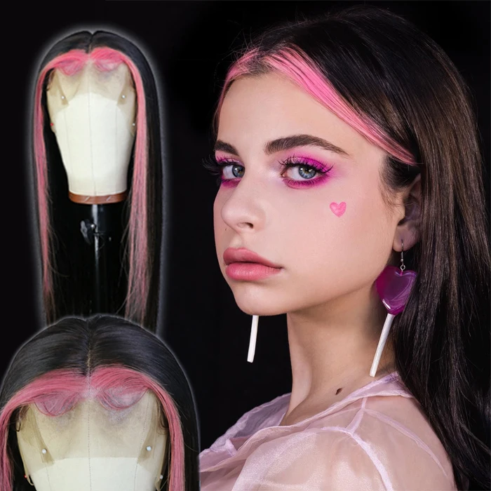 

Highlight Pink Lace Front Human Hair Colorful Natural Soft Brown Brazilian Virgin Human Hair Lace Front Blue Wig