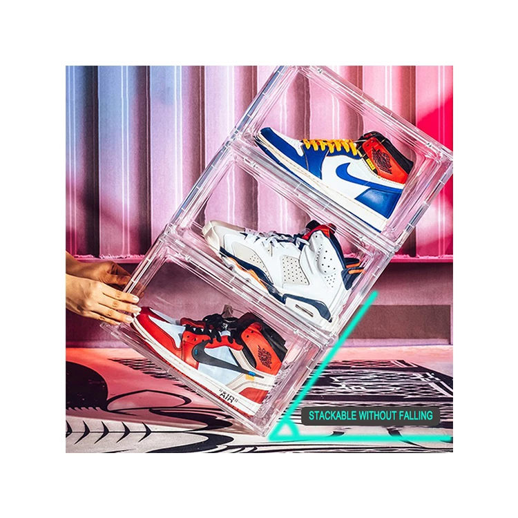 

AMAZON Factory Premium Quality Stackable Hard Case Magnetic Shoe Box Drop Front Shoe Box Sneaker Box with Good Quality
