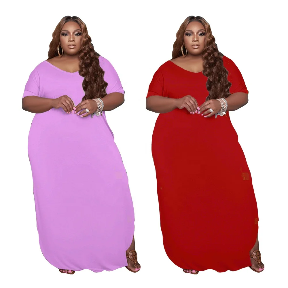 

LW-P8730 Loose style solid color o neck short sleeve sexy long summer plus size jersey dresses, As picture or customized make