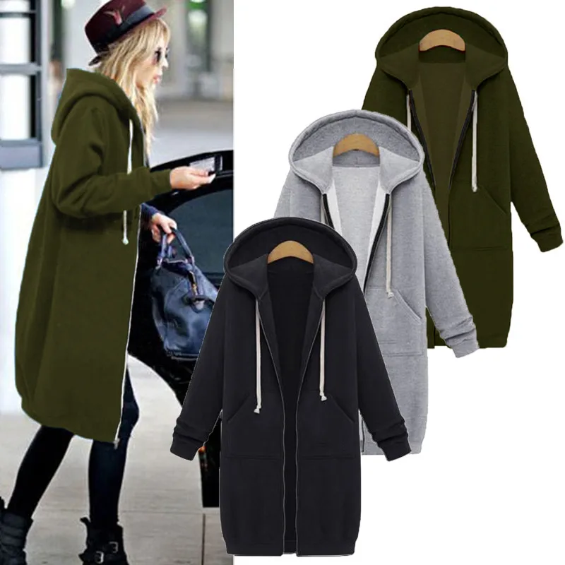 

2020 Autumn Casual Women Long Hoodies Sweatshirt Coat Zip Up Outerwears Hooded Jacket Winter Pockets Plus Size Outwear Tops