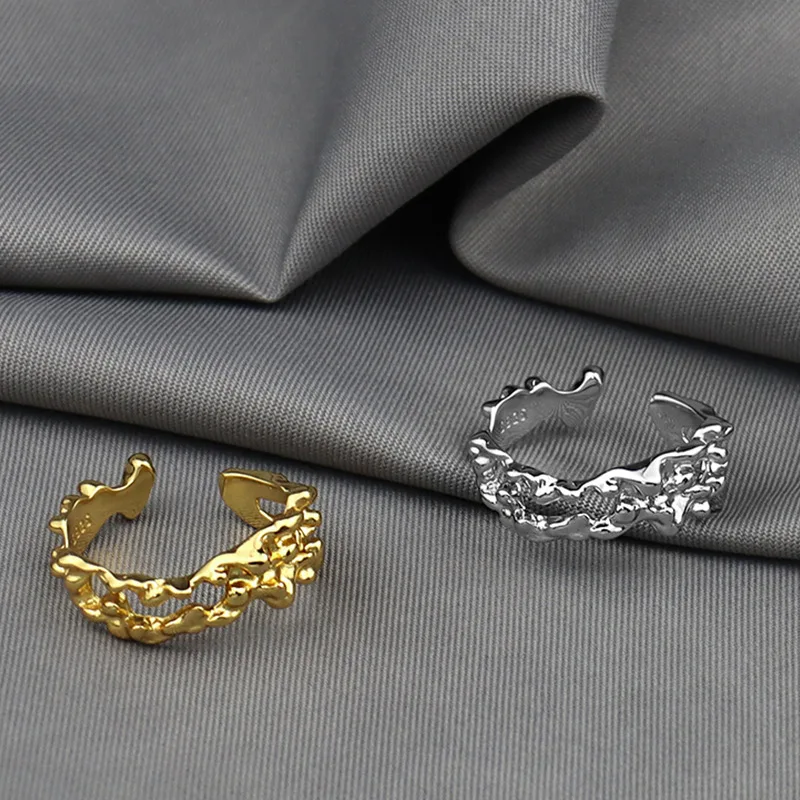 

Ins 18k Real Gold Plated Irregular Hollow Hammered Open Rings 925 Sterling Silver Carved Vintage Rings For Women Jewelry
