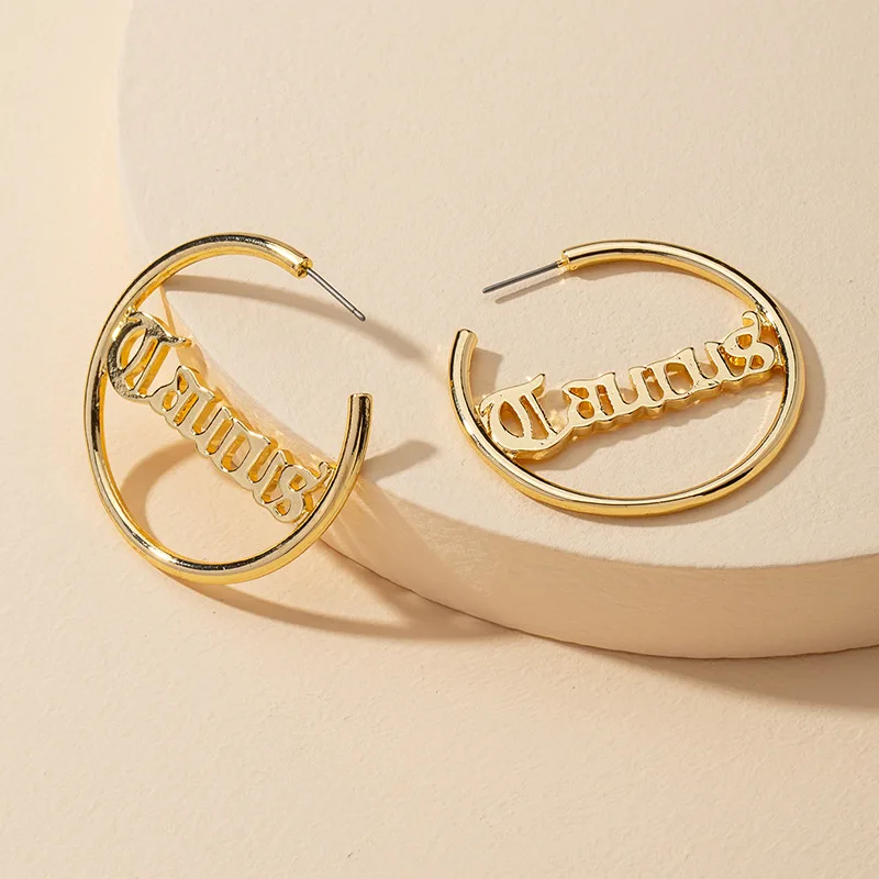 

Personalized 14K Gold Plated Custom Word Logo Name Hoop Earring Gothic Old English Font Big Circle Earrings