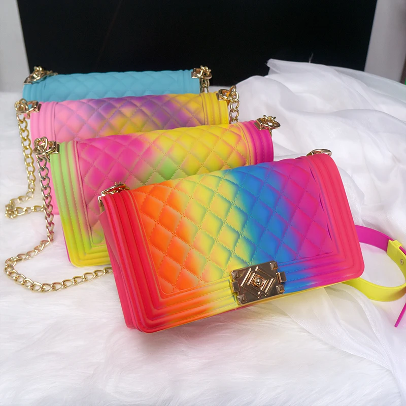 

2021 Fashion luxury lattice rainbow purse chain lady colorful bags candy jelly hand bags clear women purses handbag jelly bag, Any color