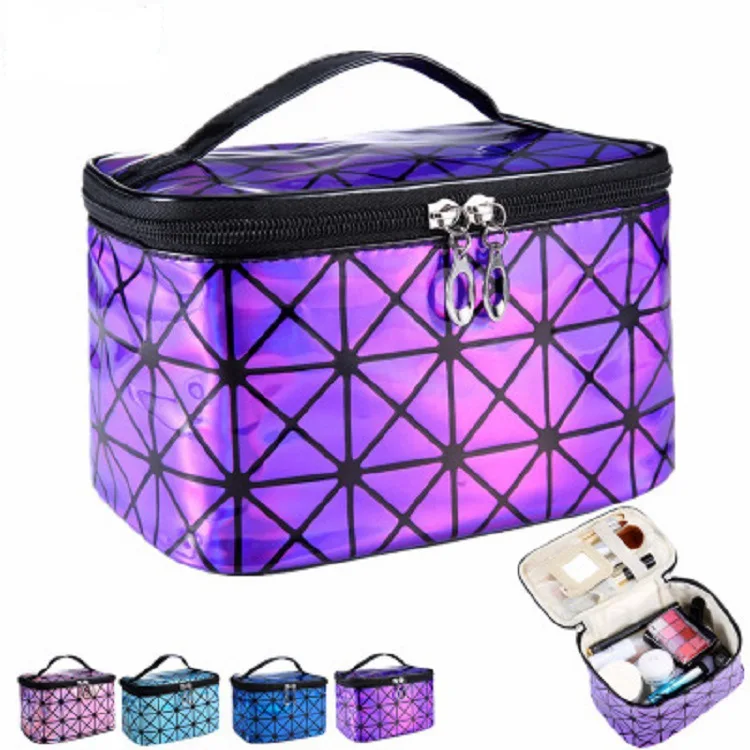 

Multifunctional Cosmetic Bag Women PU Travel Make Up Necessaries 3D Laser Beauty Tools Organizer Zipper Makeup Case Pouch, As pictures