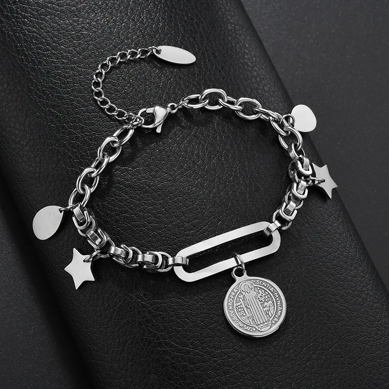 

Stainless steel bracelet dark wind coin Jesus figure Star Pendant ins net red same cold wind luxury bracelet for men