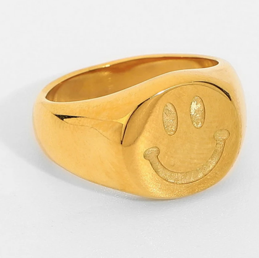 

Custom Hot smiling face ring fashion trend Stainless Steel Gold Plated student Gift cartoon Ring customized ring, Steel color, gold color