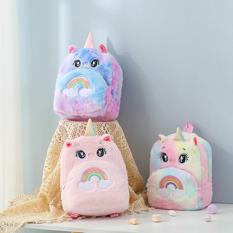 

MSYO Sweet Cartoon Big Eye Unicorn Handbag Book Coin Storage BackPack Rainbow Color Tie Dye Plush Kids School Bags