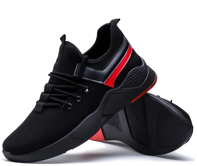 

Dropshipping Mesh Lace-Up Men Shoes Lightweight Casual Fashion Running Sport Sneakers, Black, black and red