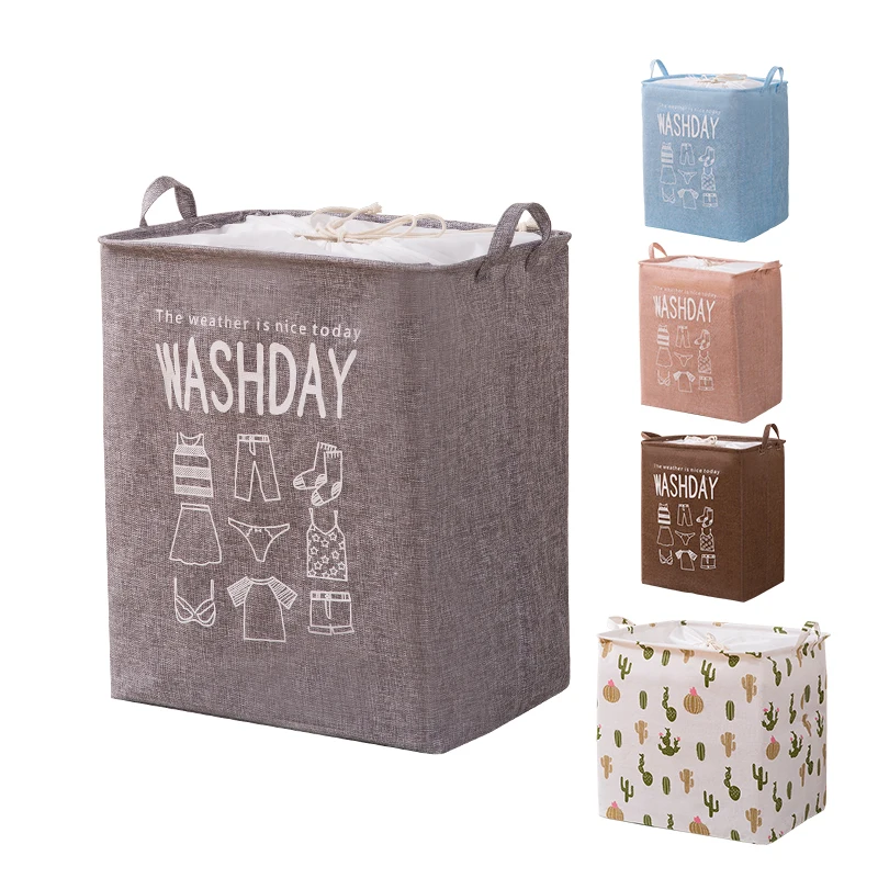 

Drawstring Large Bathroom Collapsible Cotton Canvas Fabric Laundry Hamper Cloth Storage Basket, Brown / gray / pink / blue / cactus