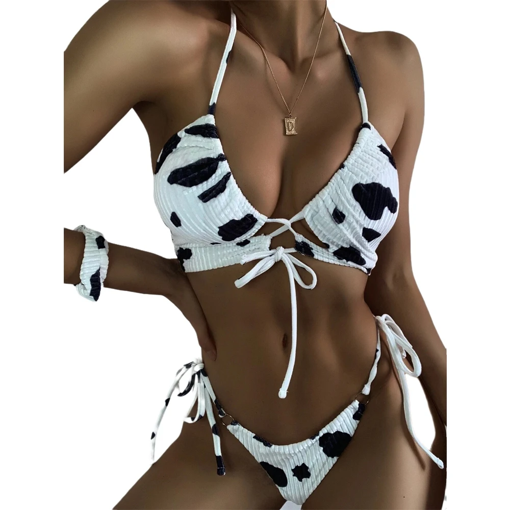 

Hot Sale Animal Cow Print Bathing Suits Two Pieces Bikini Set Sexy Women Swimwear, 2colors