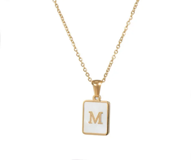 

18K Gold Plated Stainless Steel Square Rectangle Shell Initial Letter Pendant Necklaces Fashion Jewelry, As pic