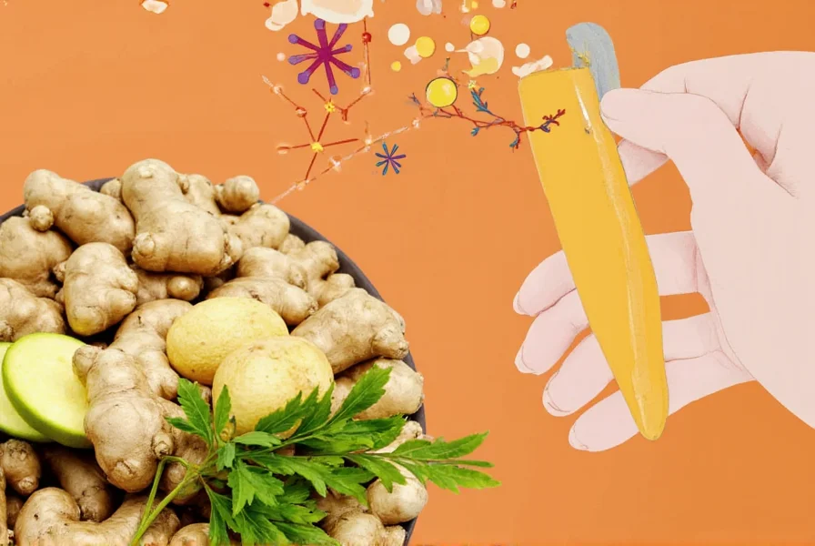 Close-up of fresh ginger root with peeled section showing fibrous interior and golden color