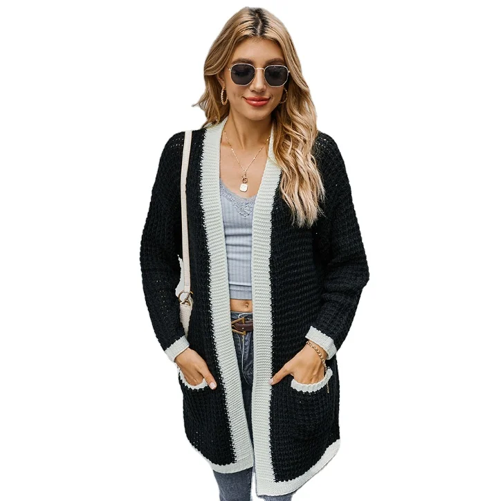 

New Fashion autumn winter long sleeve color splicing plaid chunky pocket knit cardigan, As picture