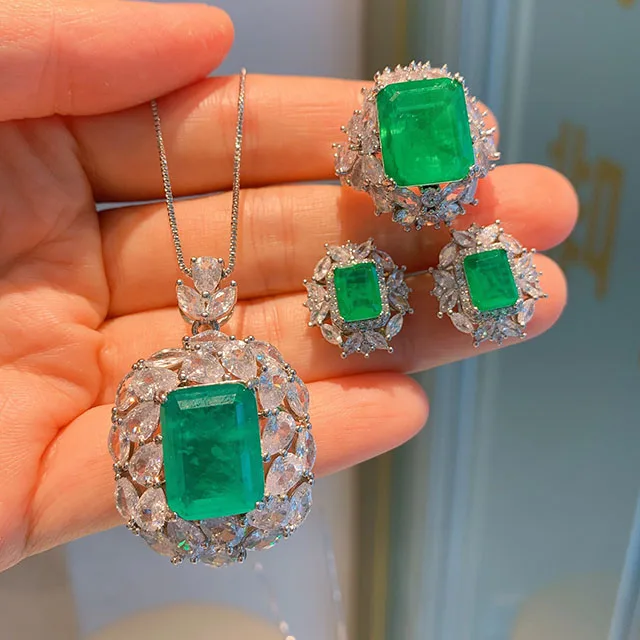 

Fashion 925 Sterling Silver Green Emerald Stone Earrings Ring Cubic Zirconia Women Bridal Wedding Jewelry Sets