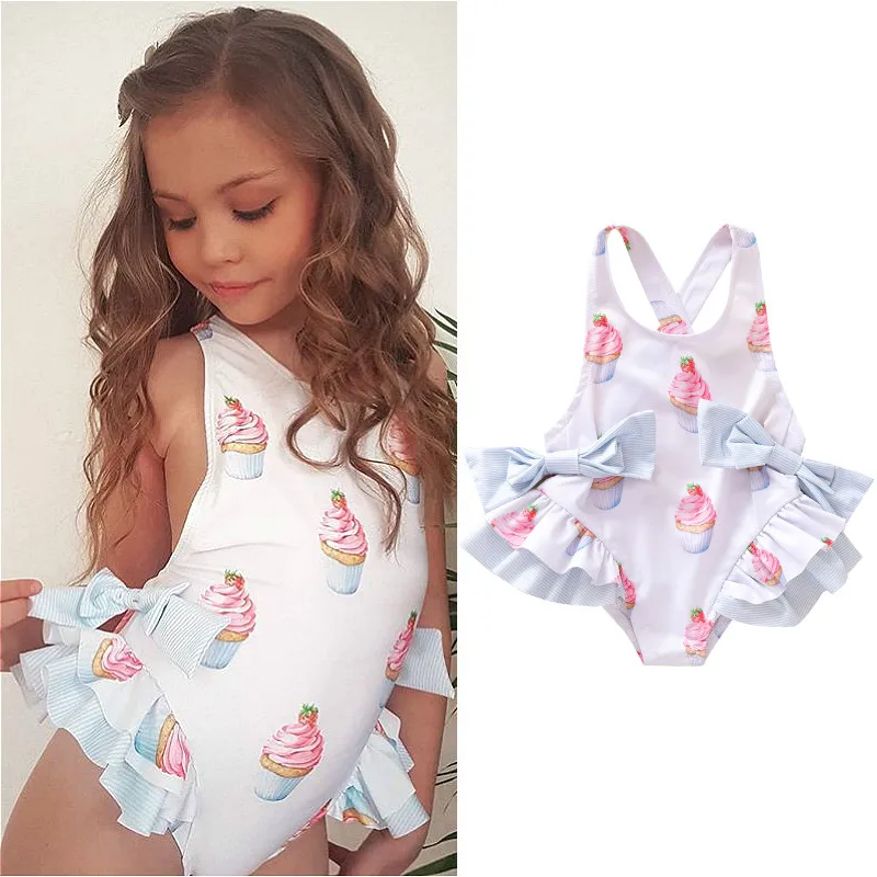 

0-5Y Kids Baby Girls Swimsuits Children Ruffle One Piece Bikini Swimwear Cake Printed Backless Girls Beachwear