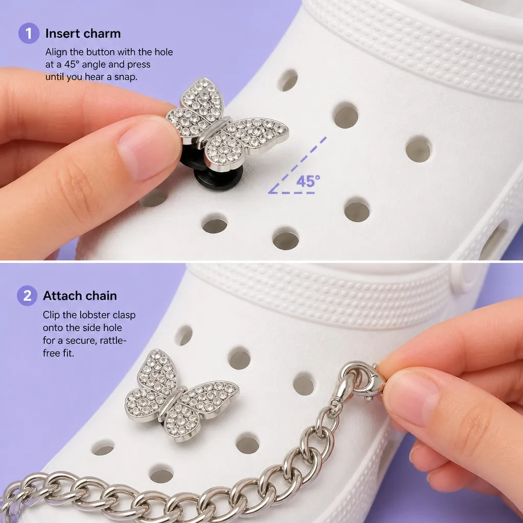 Two step fitting guide showing 45 degree charm insertion and lobster clasp chain attachment